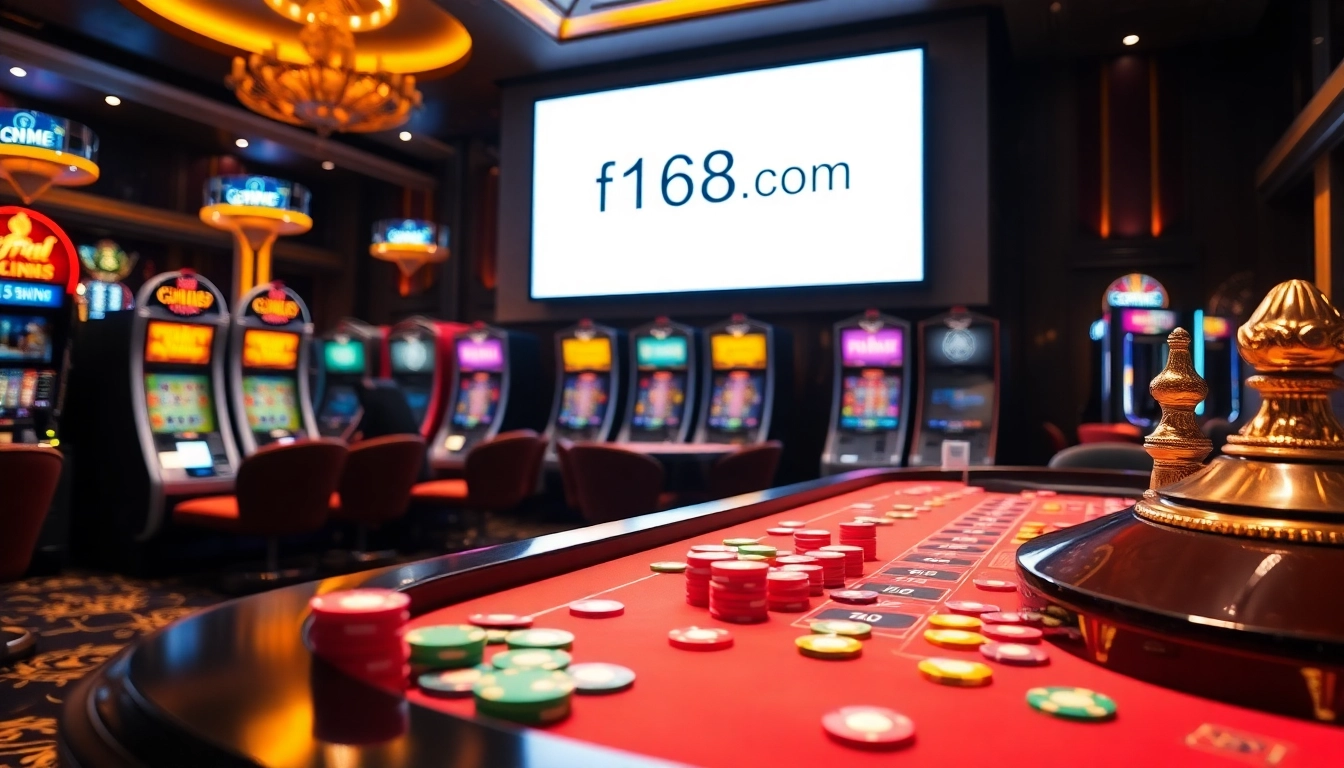 Engaging players at f168.com enjoy a vibrant casino atmosphere with tables and machines.