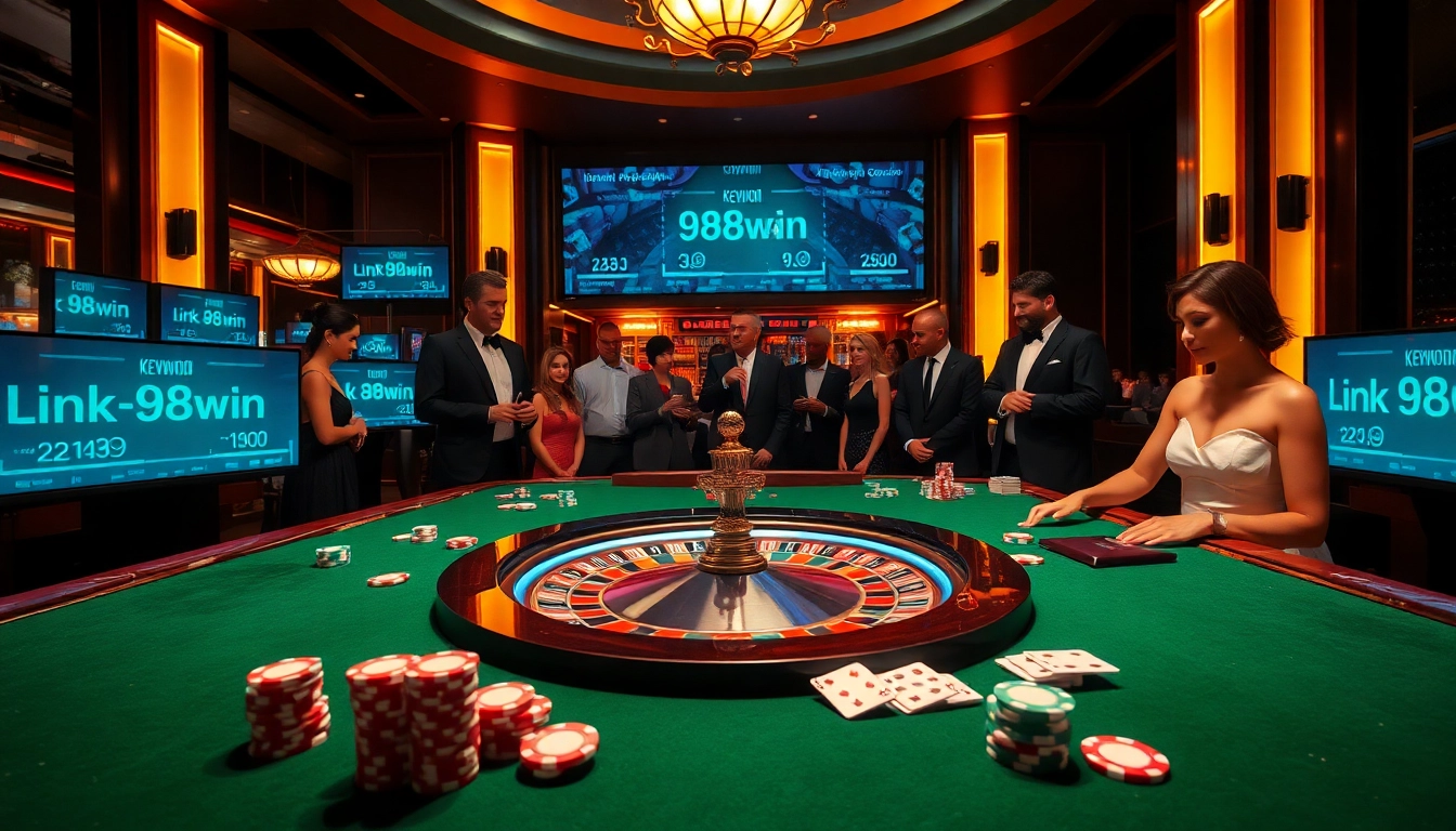Engage in thrilling gameplay at a luxurious casino with link 98win, showcasing roulette and poker excitement.