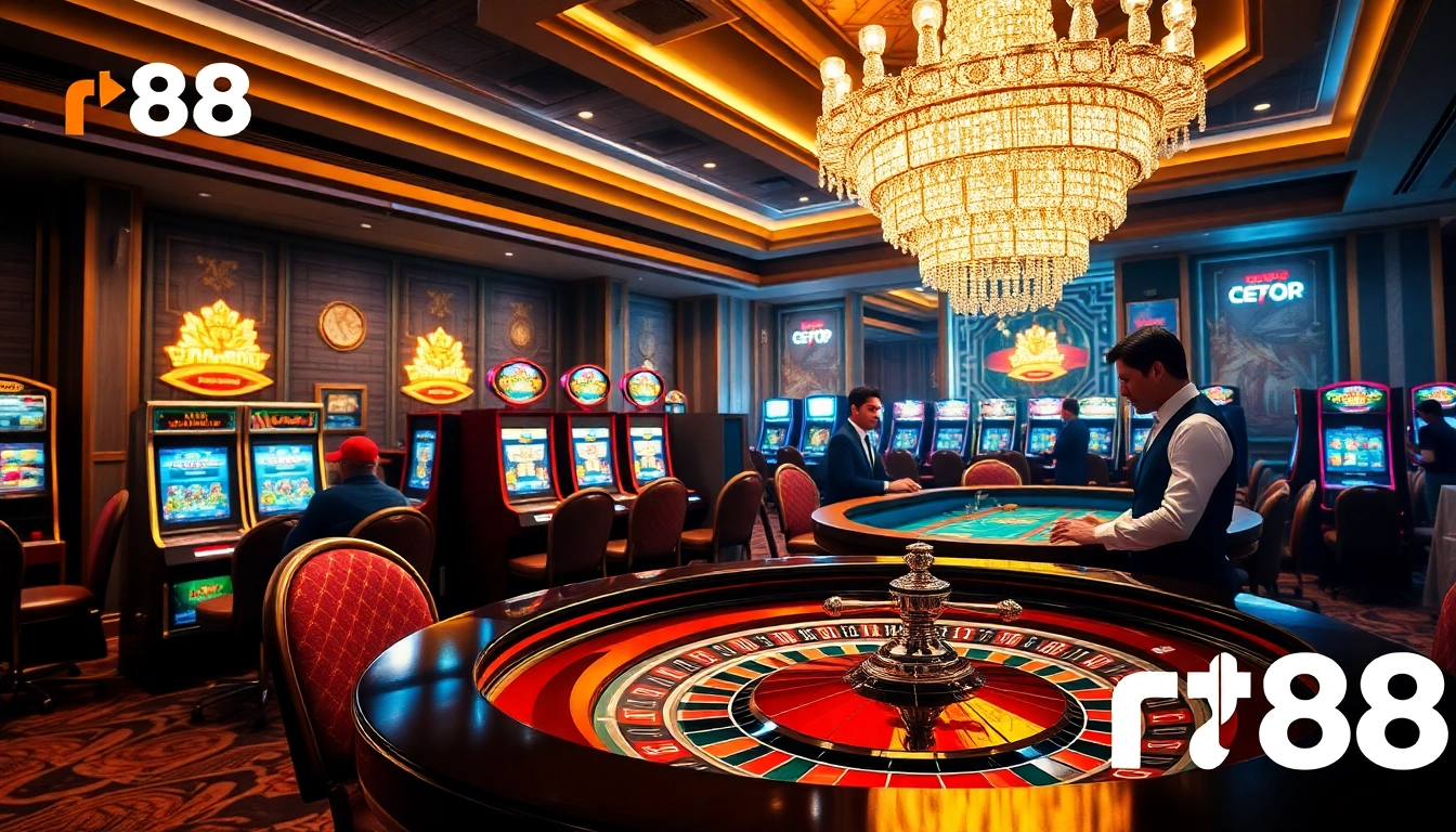 Engaging scene at rr88 casino with a roulette table and vibrant slot machines.