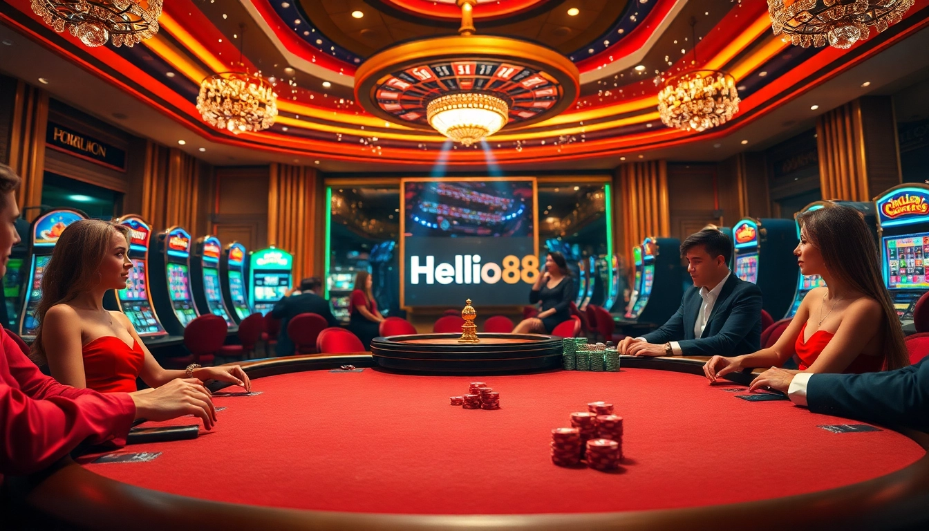 Hello88 casino scene with vibrant poker table and excited players in a luxurious setting.