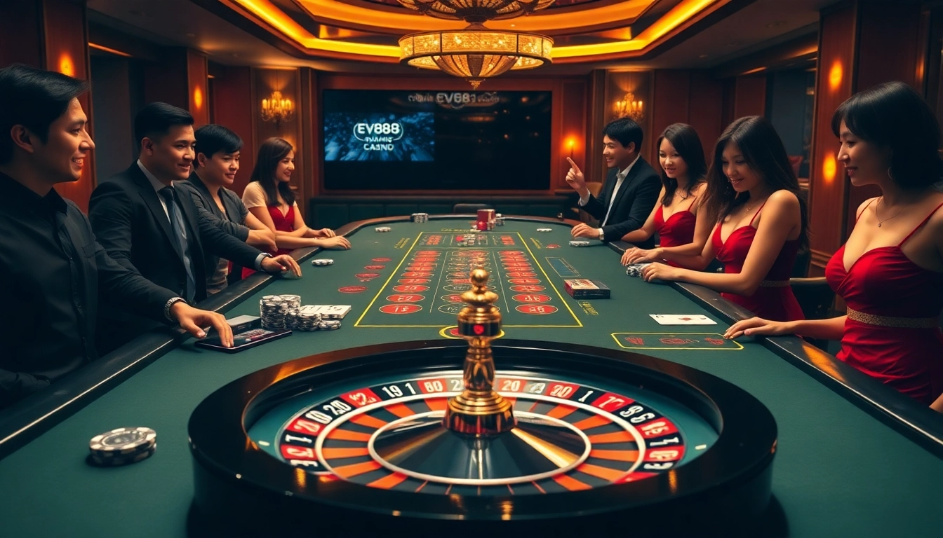 Players enjoying a thrilling game at the EV88-branded casino table, with vibrant casino elements.
