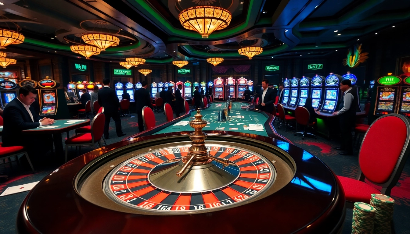 Engaging players at the luxurious casino atmosphere focusing on the OK365 link experience with roulette and slot machines.