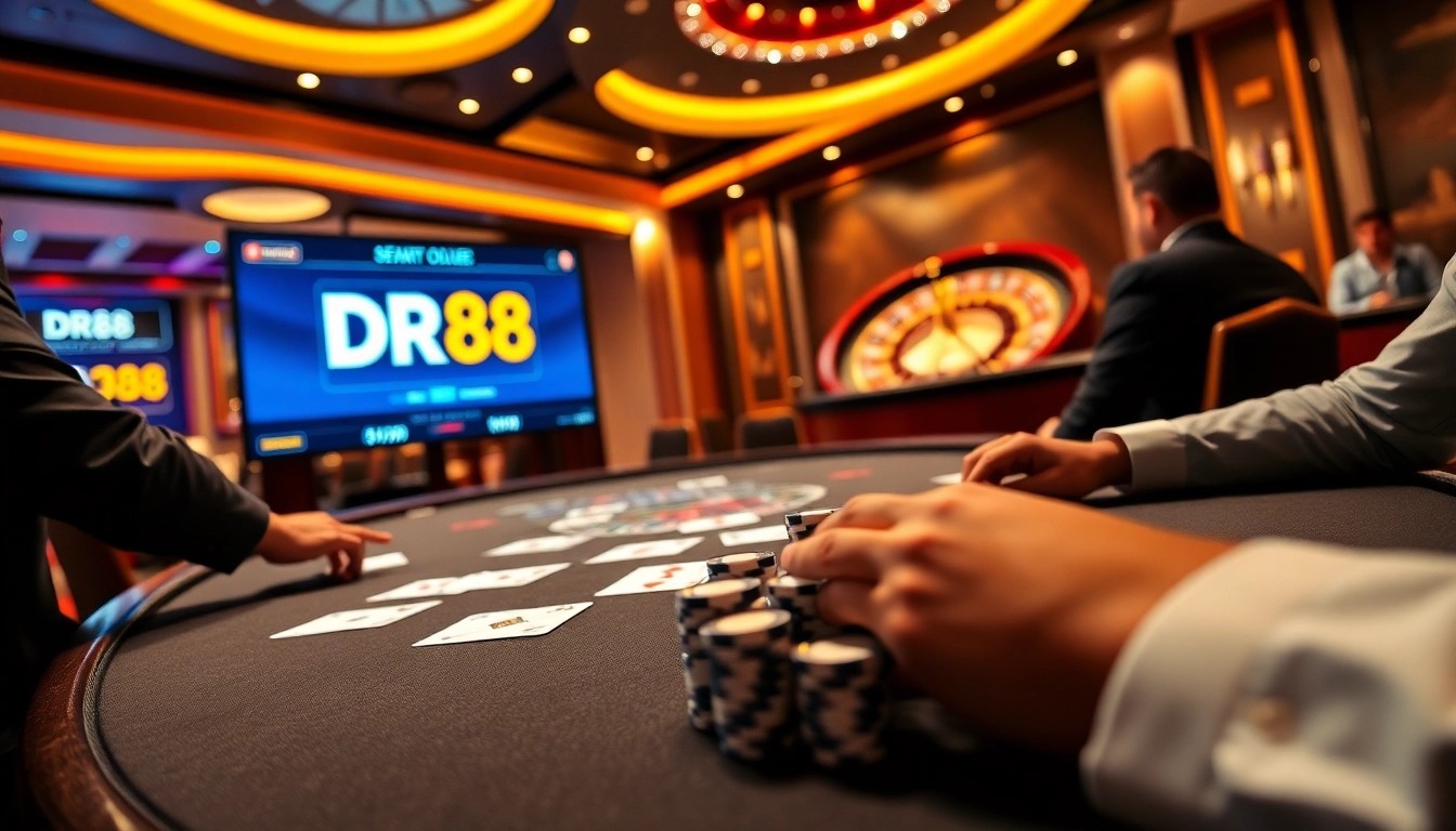 Experience thrill at the DR88 poker table with players, chips, and a vibrant casino atmosphere.