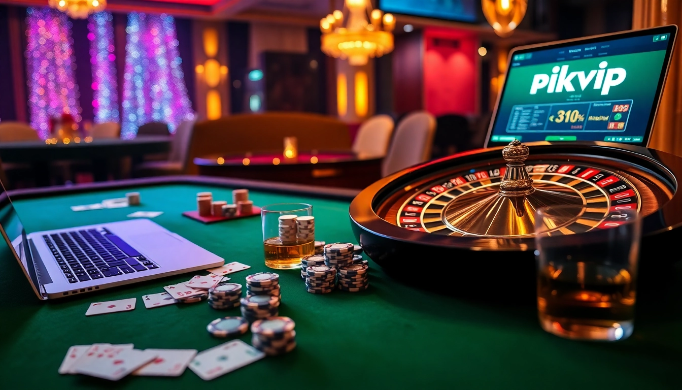 Experience the thrill of rikvip with elegant poker chips and a luxurious casino table setup.