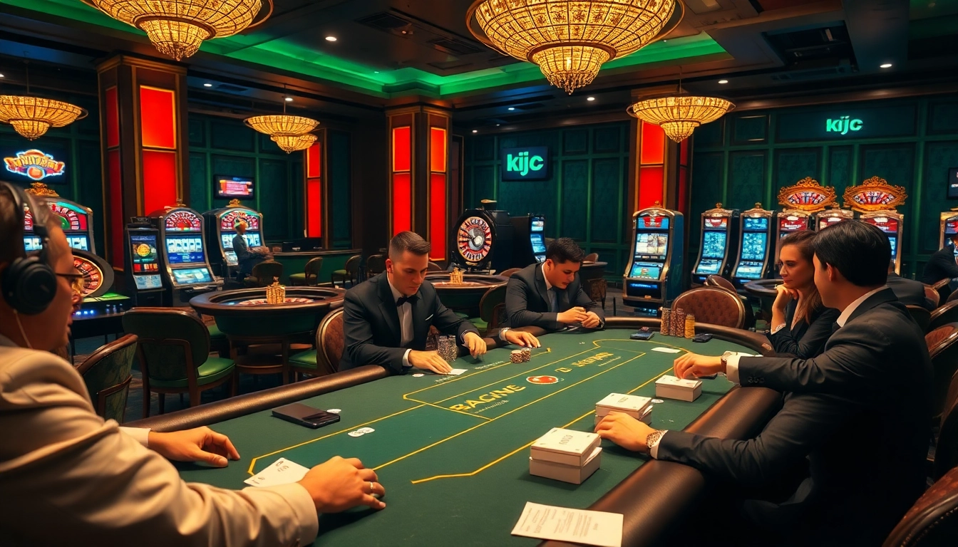 KJC players strategizing at high-stakes poker tables in a luxurious casino setting.