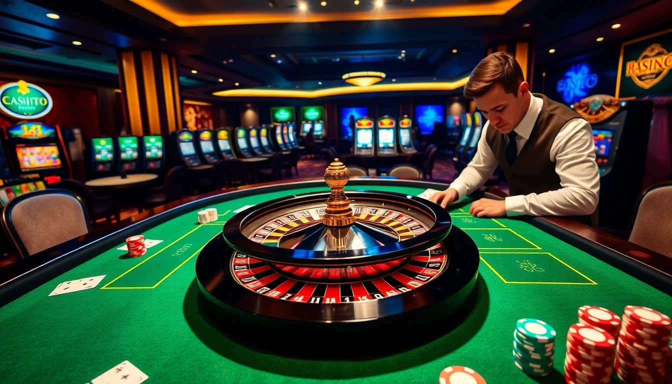 Experience the excitement at jun88.com with a luxurious casino scene featuring roulette, poker chips, and eager gamblers.