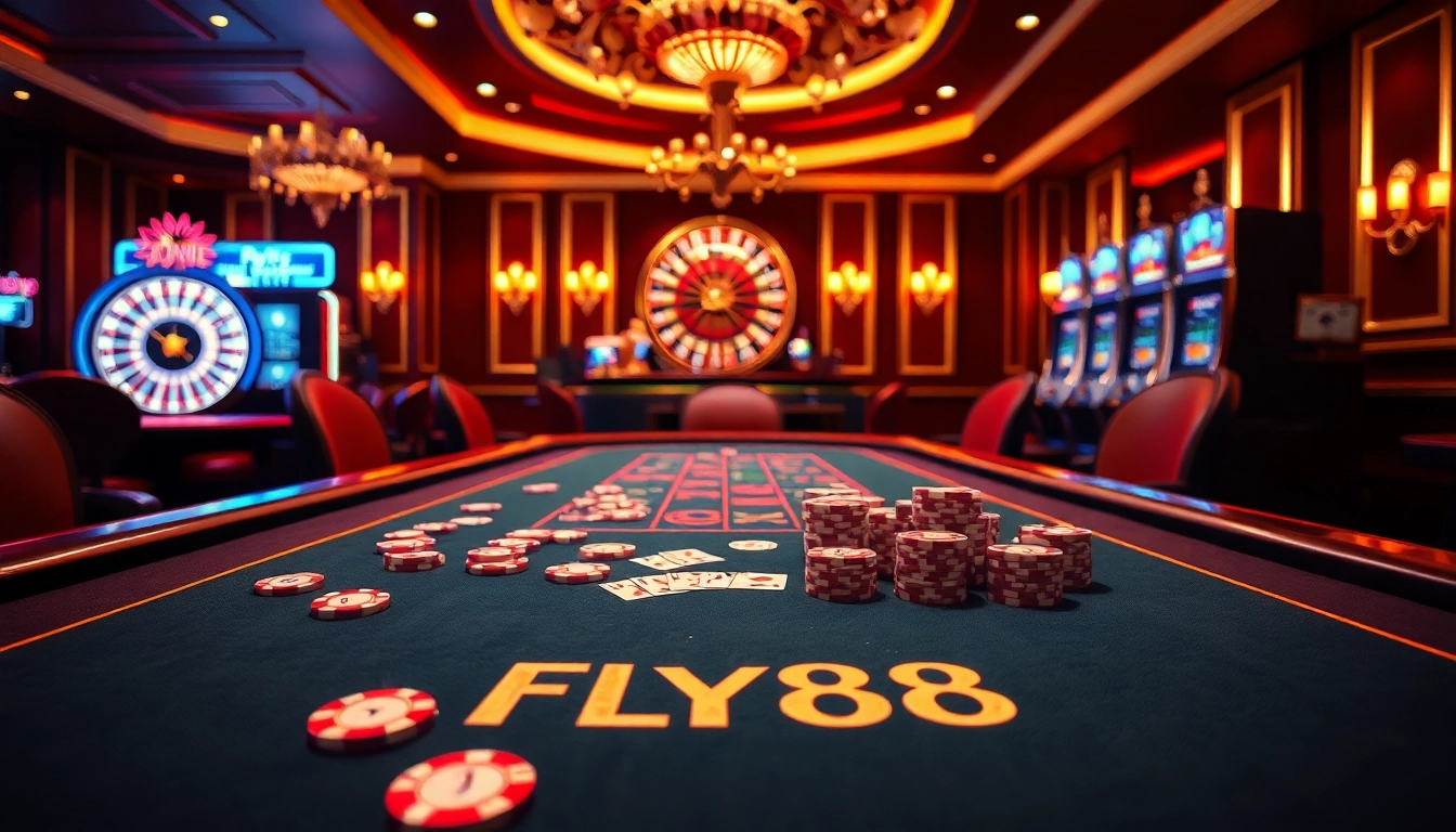 Exciting FLY88 casino scene featuring vibrant poker chips and playing cards at a luxury gaming table.