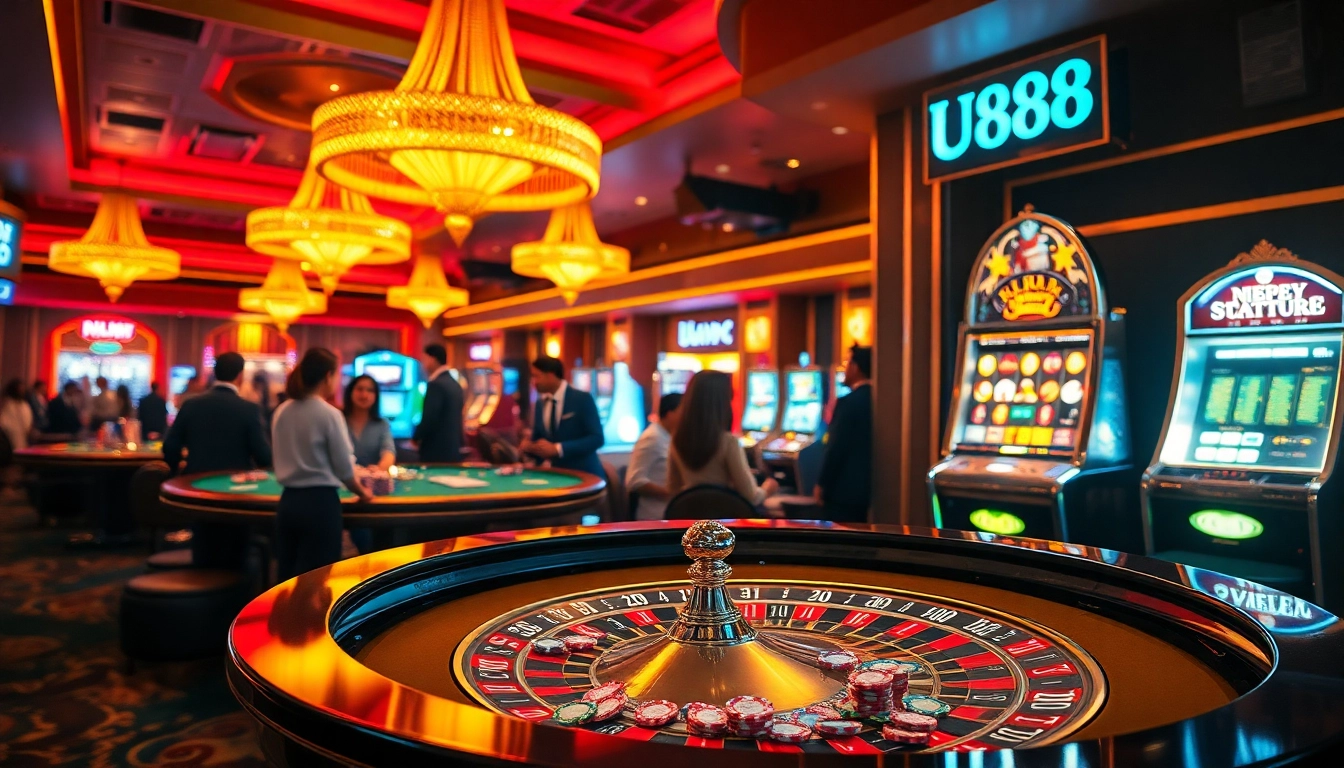 Experience the thrilling atmosphere of U888's casino with players at a roulette table and vibrant slot machines.