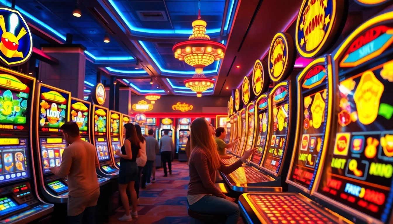 Engaging scene of online gaming at hoki138 pro with vibrant slot machines and players enjoying the thrill.