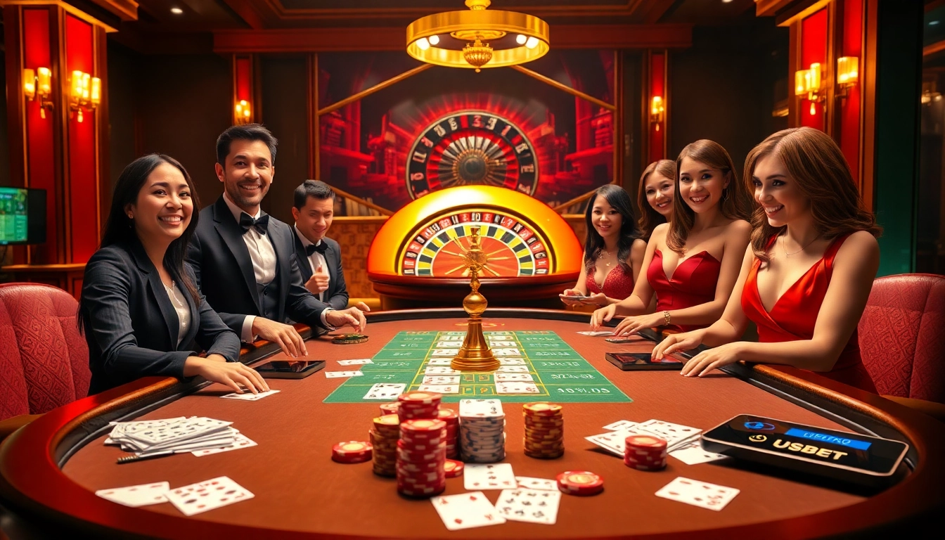 Gambling excitement at USBET casino with vibrant table games and enthusiastic players.
