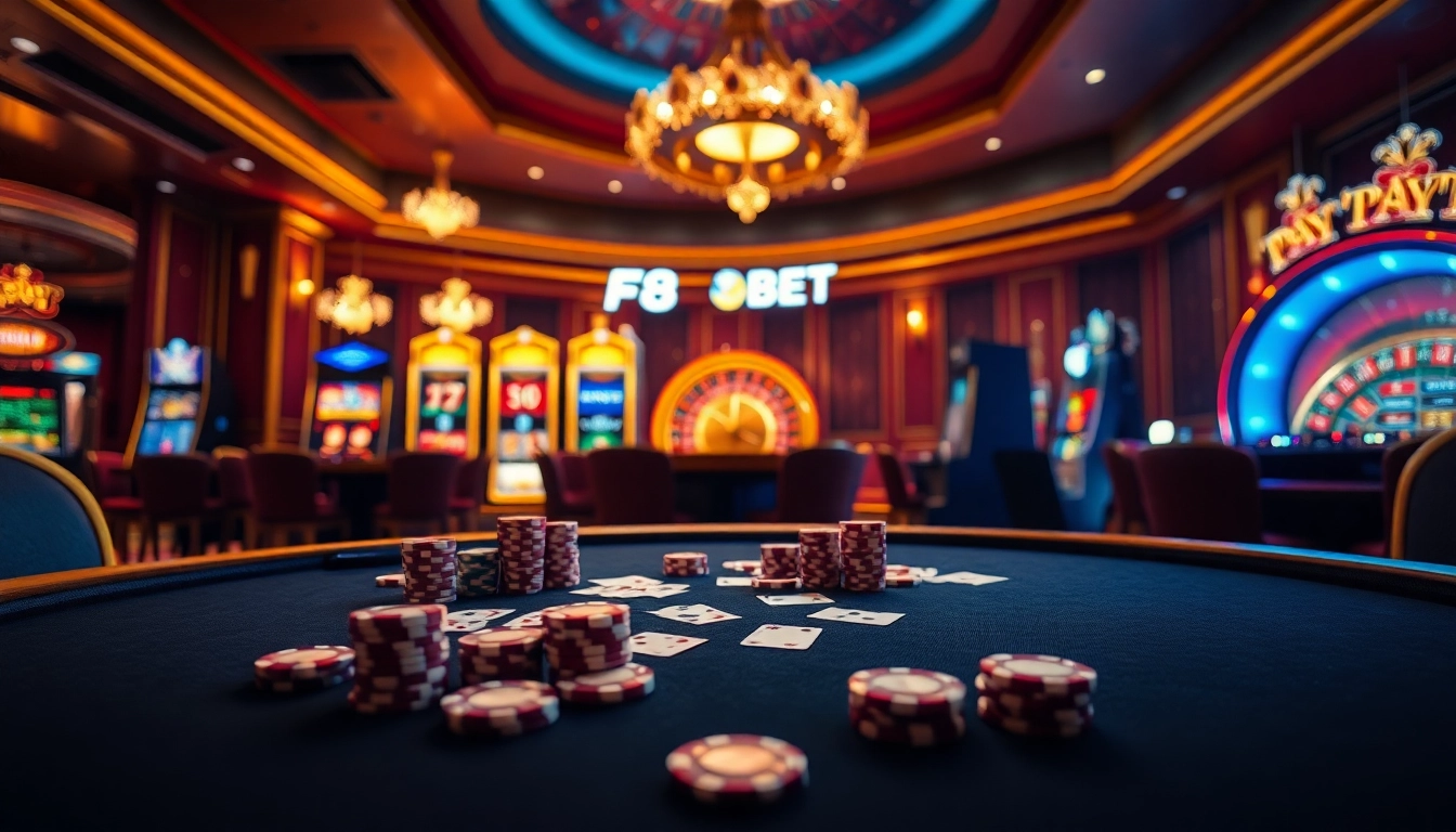 Players enjoying F8BET casino games, showcasing poker chips and cards in an upscale environment.