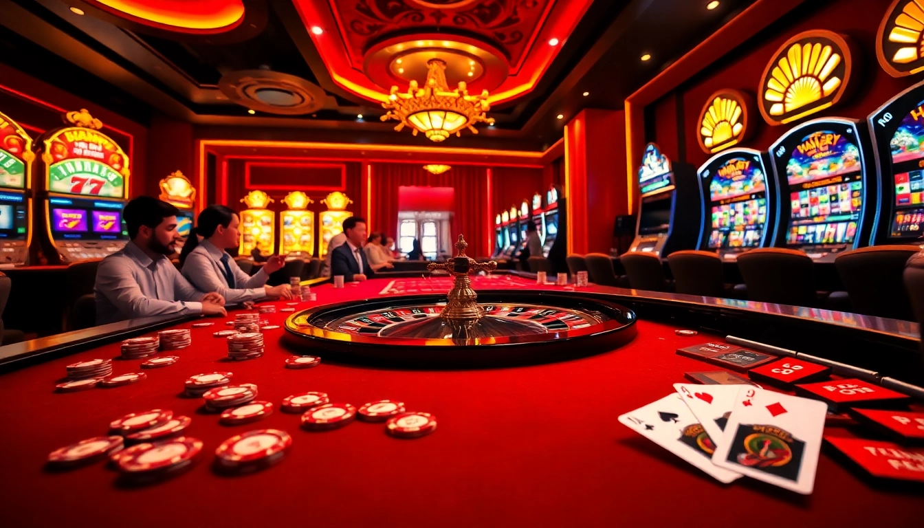 Players enjoying a thrilling game at PU88 casino, showcasing vibrant slot machines and poker tables.