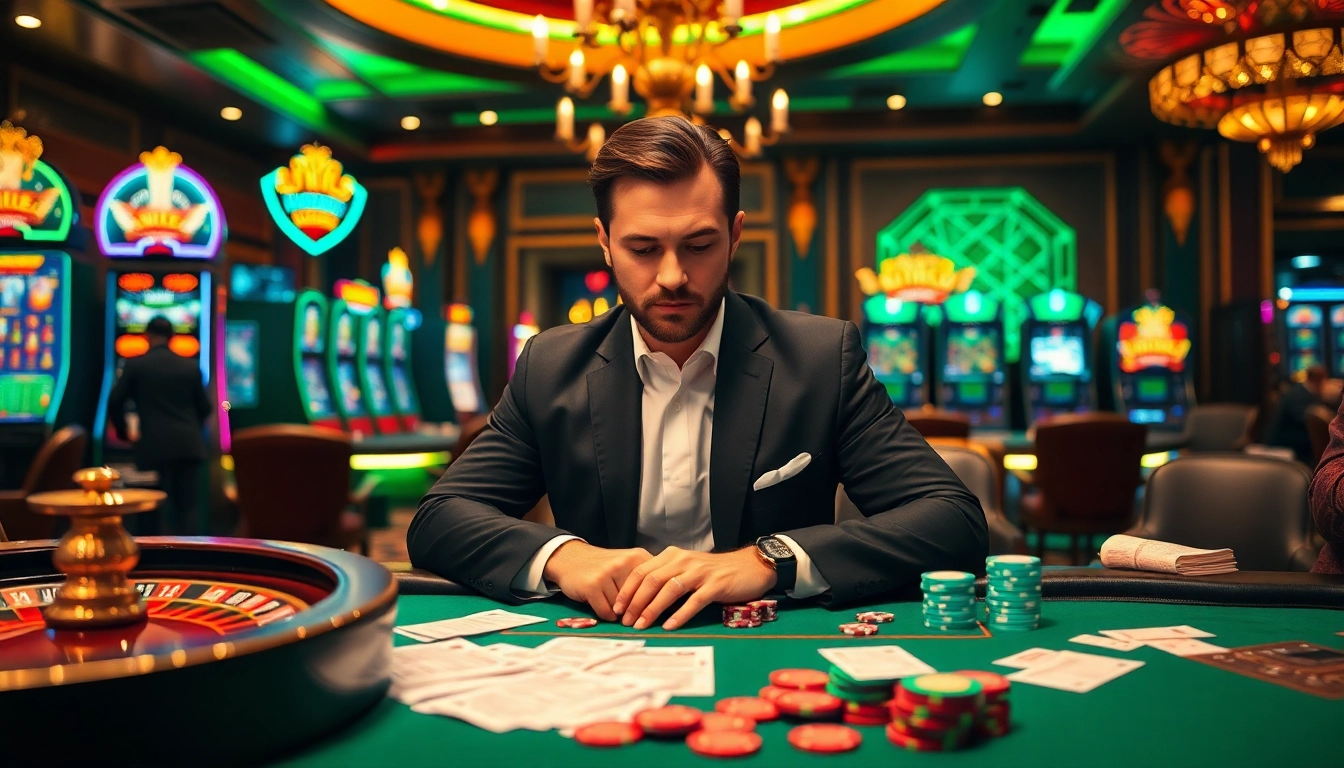 Professional gambler analyzing bets on poker tables while focusing on nhận định kèo nhà cái strategies.