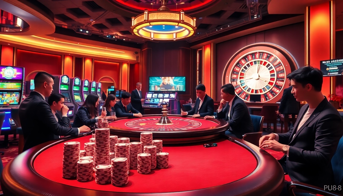 Experience an exciting poker game at PU88, showcasing vibrant casino elements and glowing slot machines.
