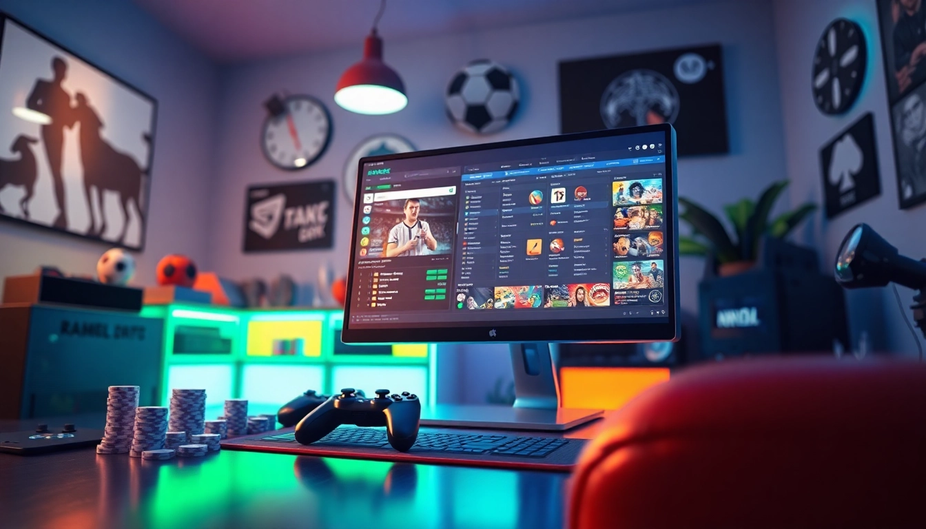 Engaging online gaming setup featuring 789f interface, controllers, and sports memorabilia.