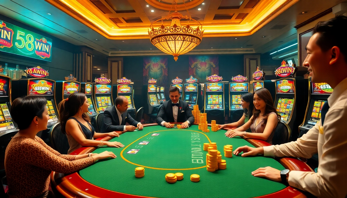 Experience thrilling moments with 58WIN players at a vibrant casino table amidst winning excitement.