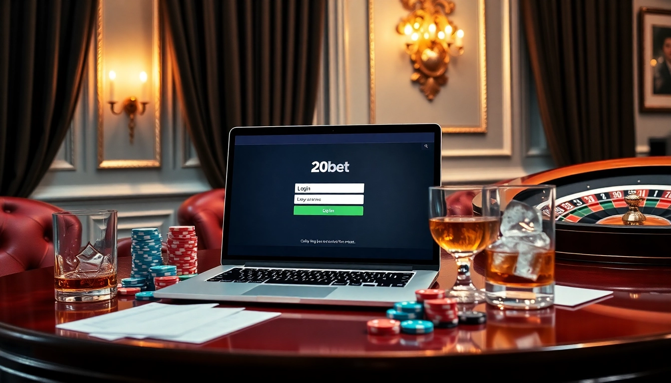 Engaging 20bet Login interface surrounded by casino chips and a polished roulette wheel.
