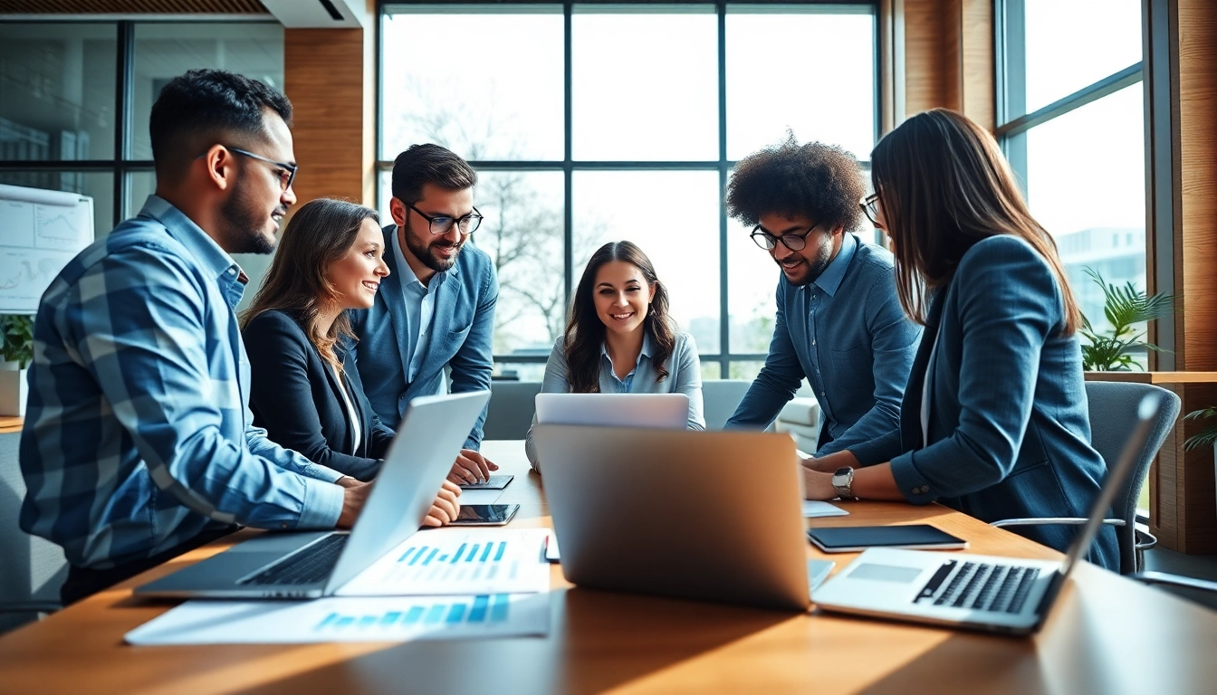 Business professionals discussing ERP yazılım solutions in a modern office setting.