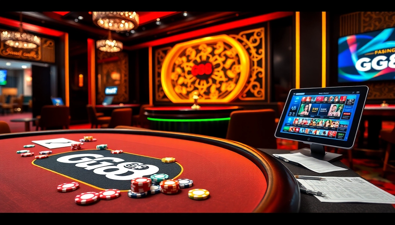GG88 poker chips and roulette wheel in a vibrant casino setting, inviting players to engage.