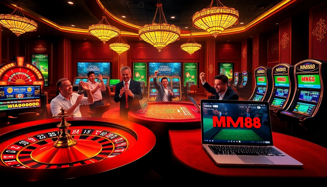 Players enjoying an exciting moment at the luxurious casino scene, showcasing online gambling at https://mm88.in.net/.