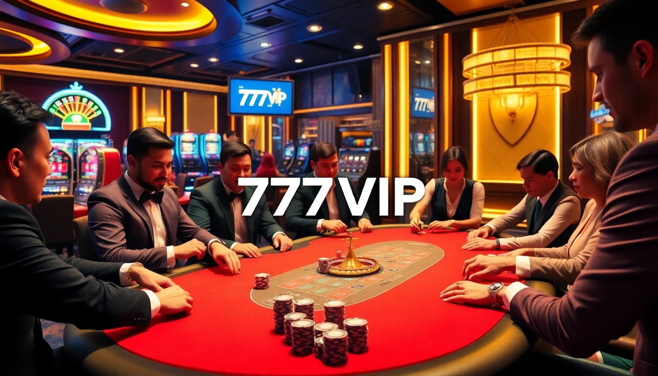 Players winning at a luxurious 777VIP casino poker table with vibrant chips and cards.