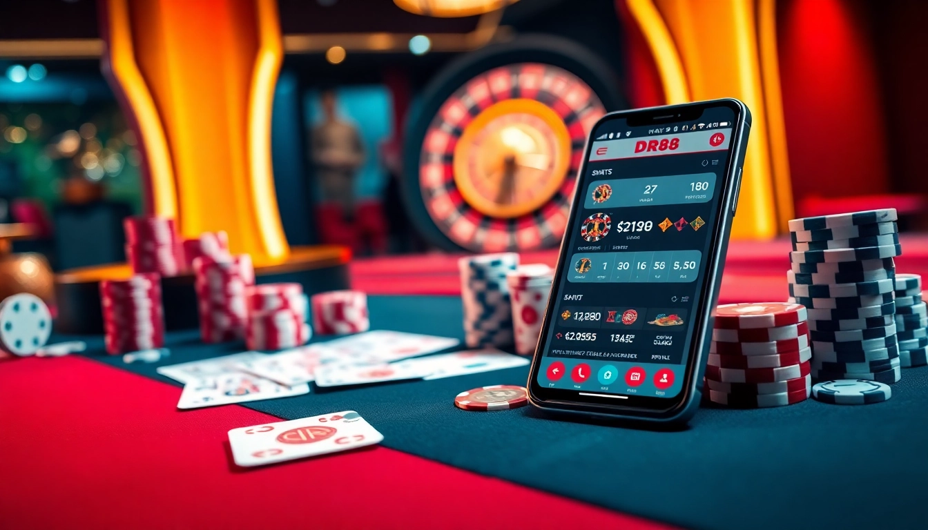 Engage in thrilling gameplay at DR88 with vibrant casino elements like poker chips and cards.