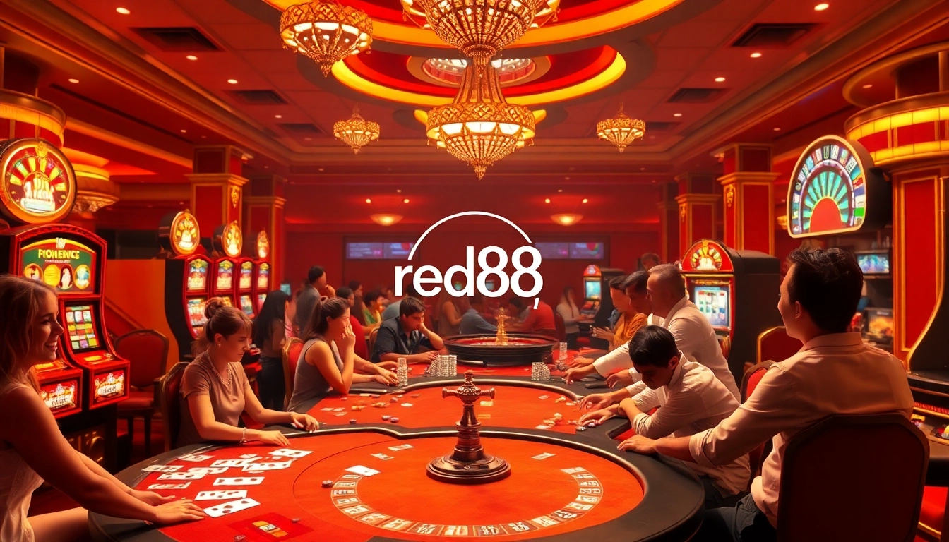Experience the thrill of red88 casino with players winning at the poker tables and vibrant slot machines.
