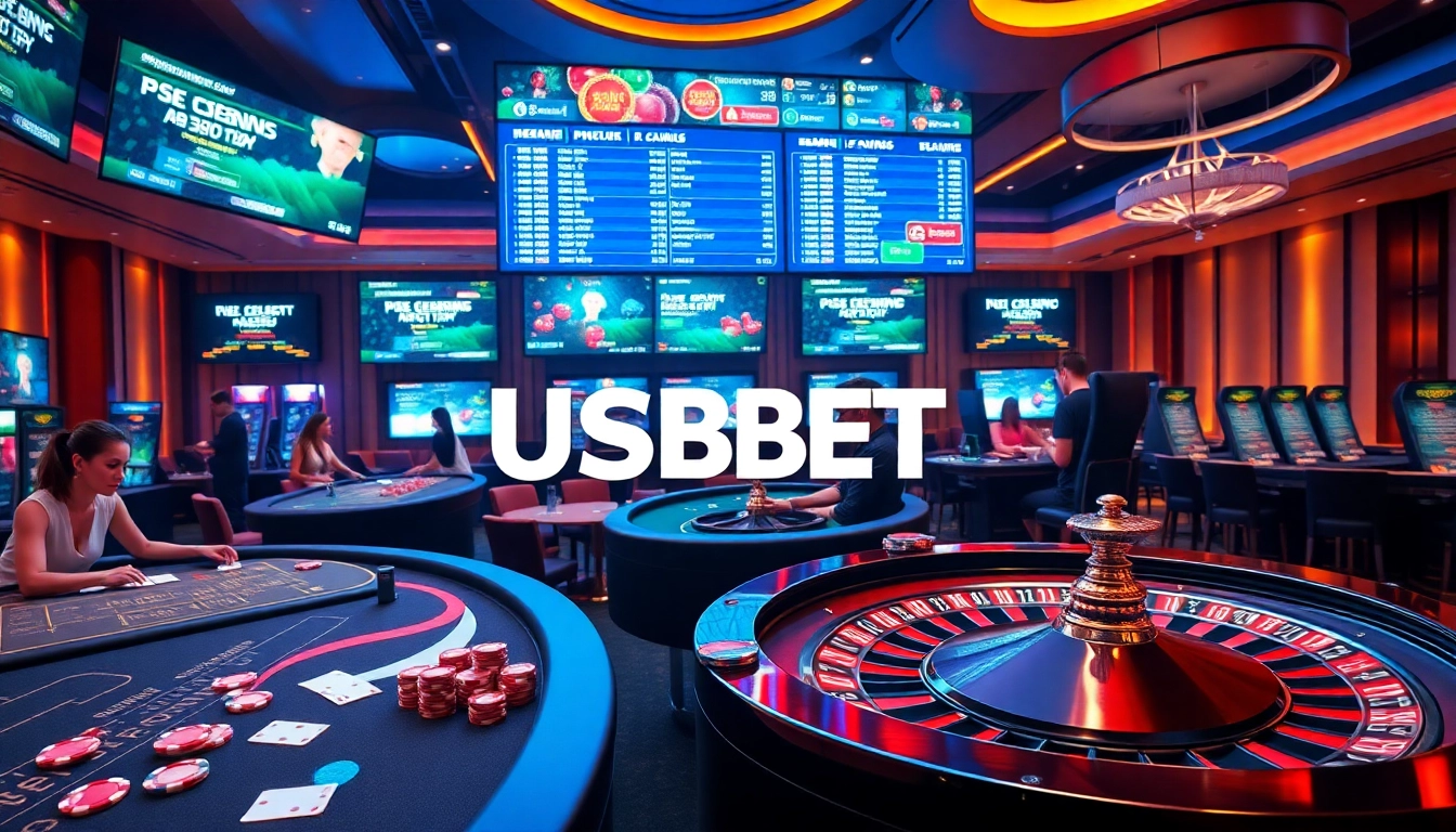 Experience the thrill of gambling at USBET with vibrant casino tables and engaging players.