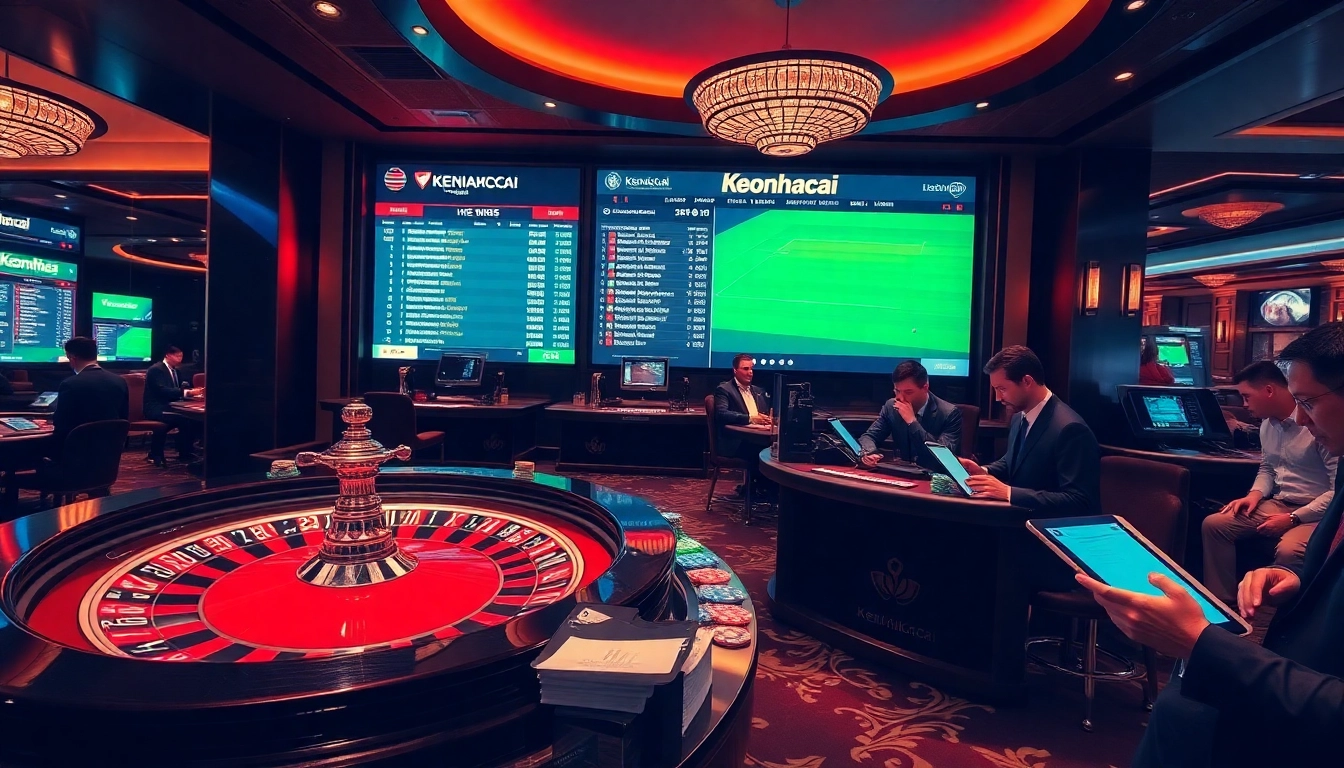 Engaged gamblers analyzing keonhacai odds at a luxurious casino betting station.