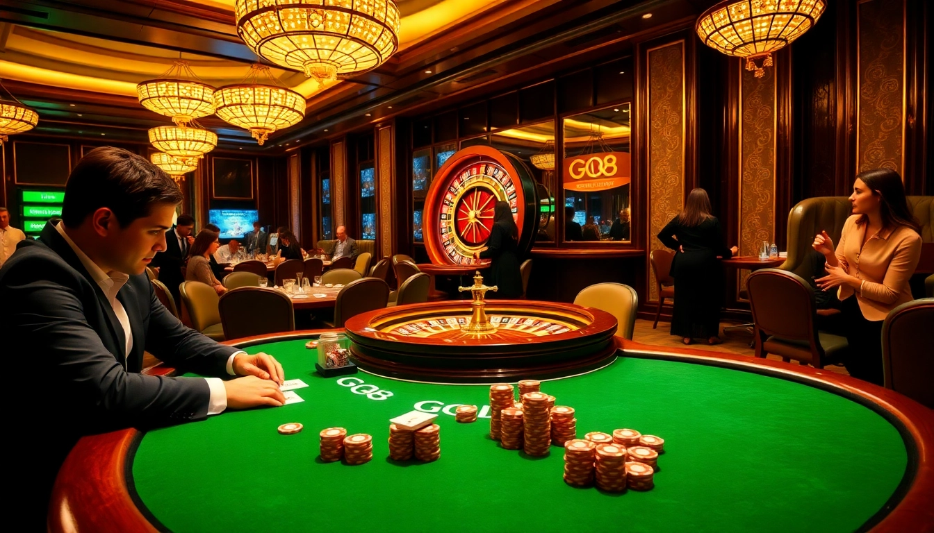 Players engage in a high-stakes poker game at a GO8-themed casino table.