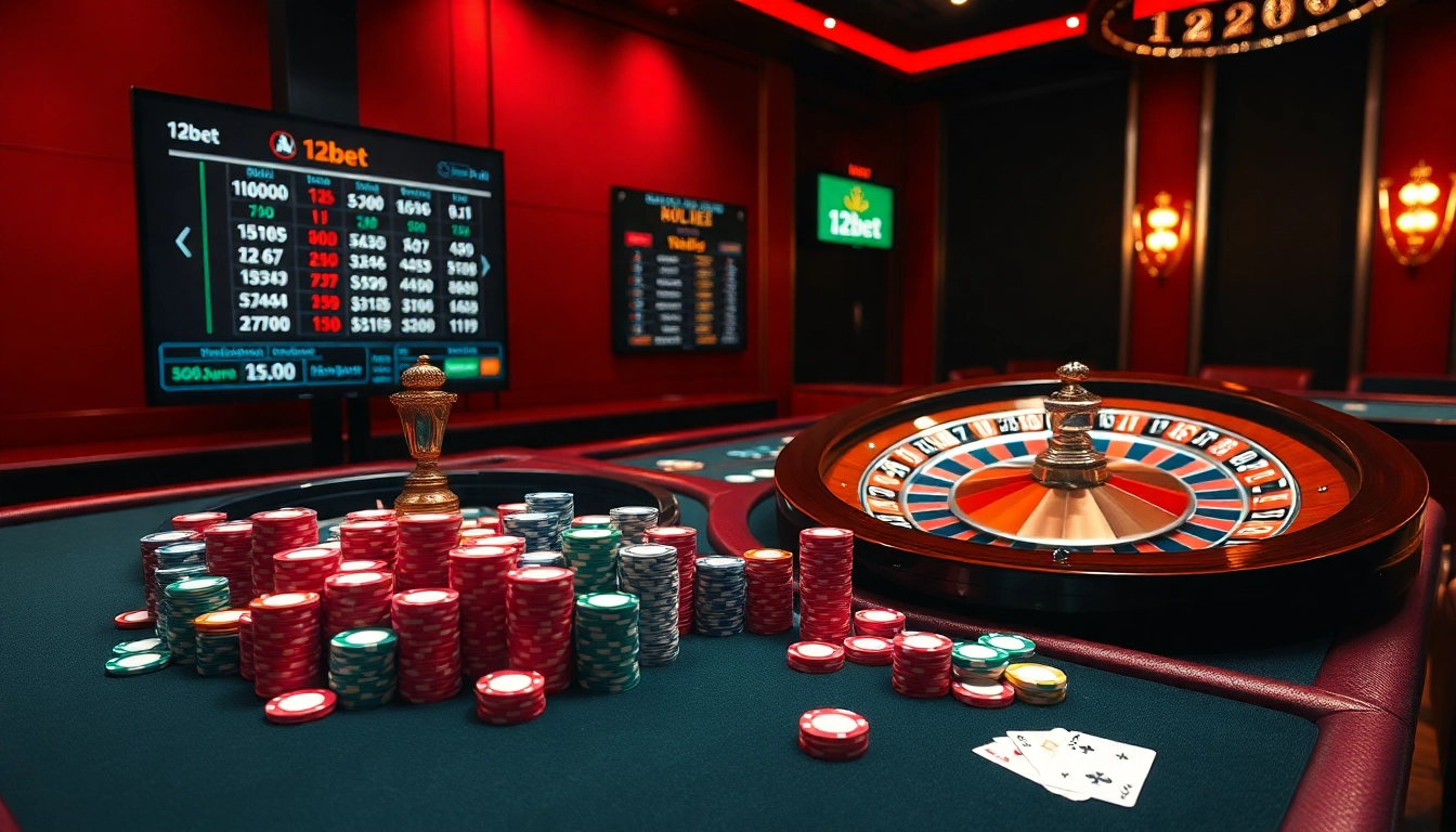 Engage with the excitement of 12bet through vibrant poker chips and a roulette wheel on a luxurious casino table.