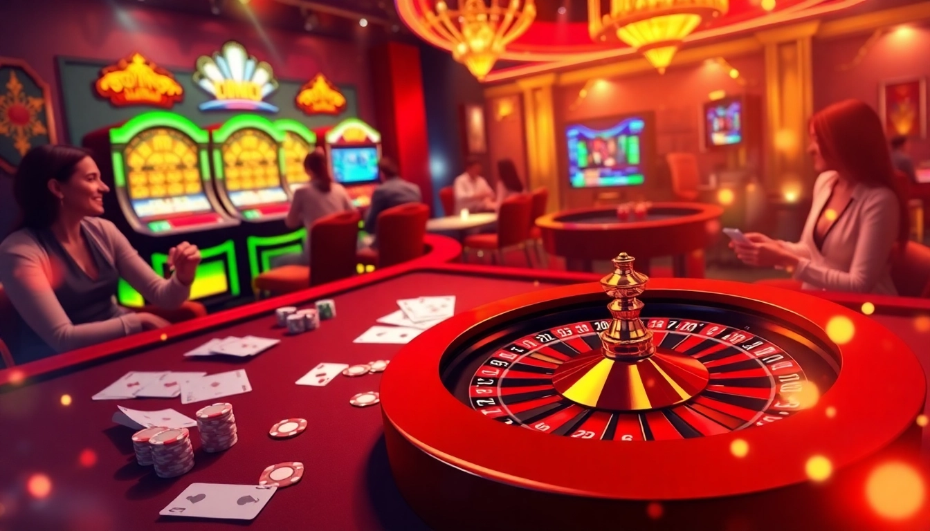Players experiencing the thrill of online gambling at https://f122.com.br/ with cards, chips, and roulette.