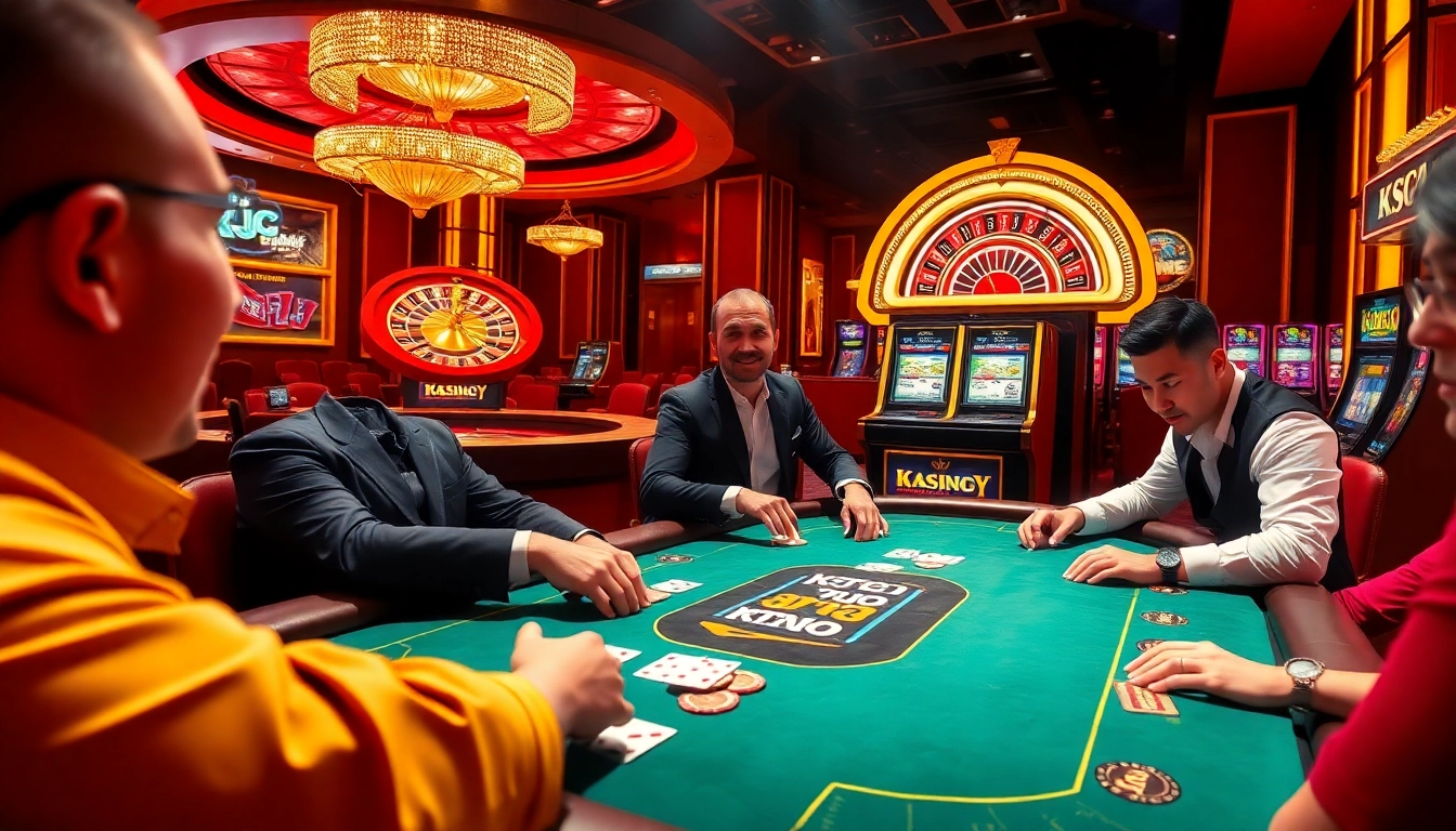 KJC branded high-stakes poker table with players engaged in thrilling gameplay at a luxurious casino.