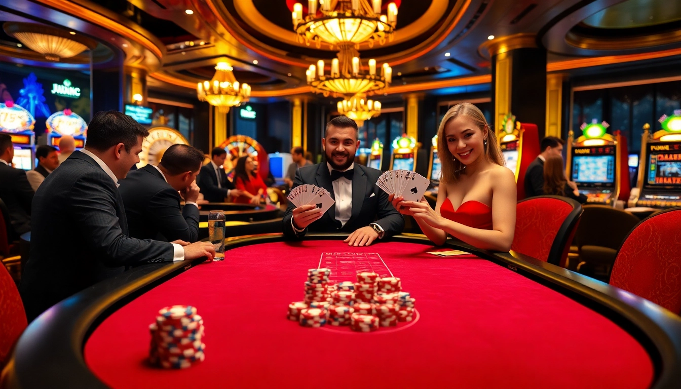 Exciting poker game scene at https://www.jun88.org/ showcasing vibrant chips and spinning roulette wheel.