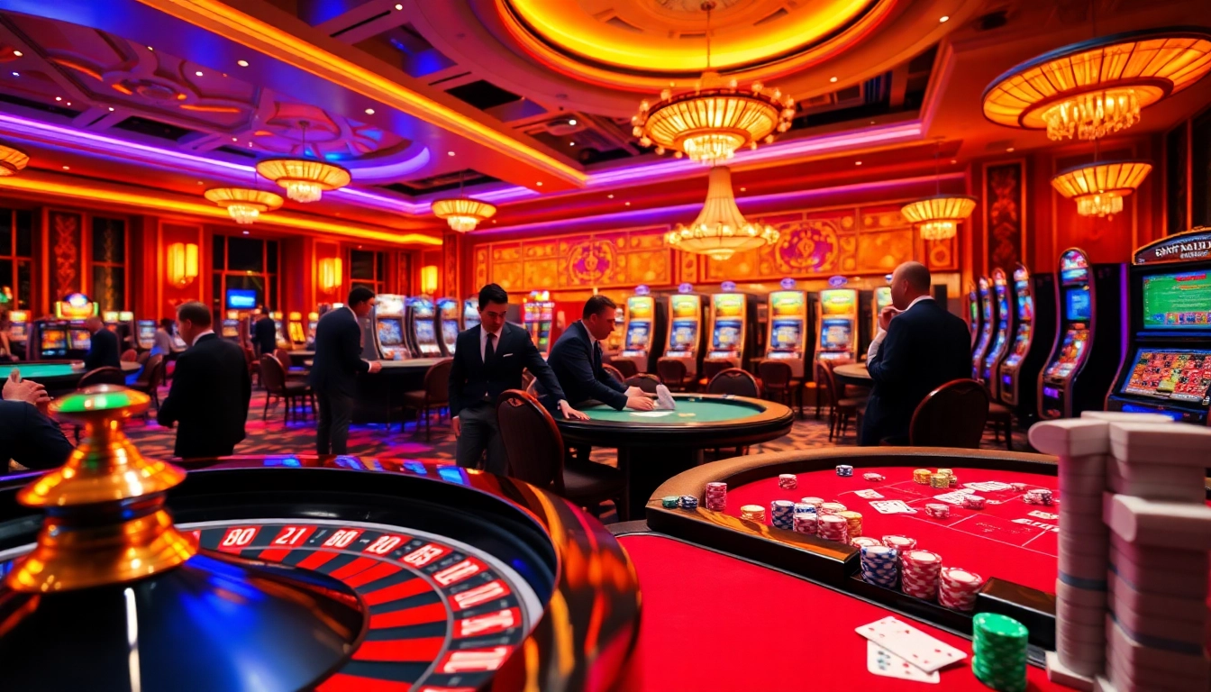 Play at nhà cái 888b surrounded by vibrant roulette wheels and poker tables in a luxurious casino setting.