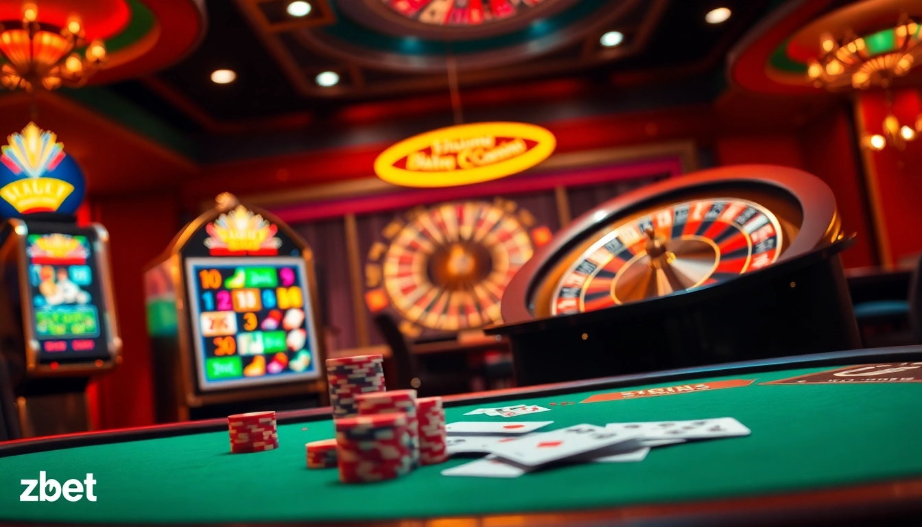 Experience the thrill of zbet đăng nhập at a luxurious casino showcasing slot machines and poker tables.