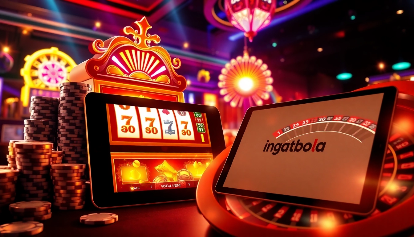 Engaging online gambling scene featuring ingatbola logo, vibrant games, and luxurious atmosphere.