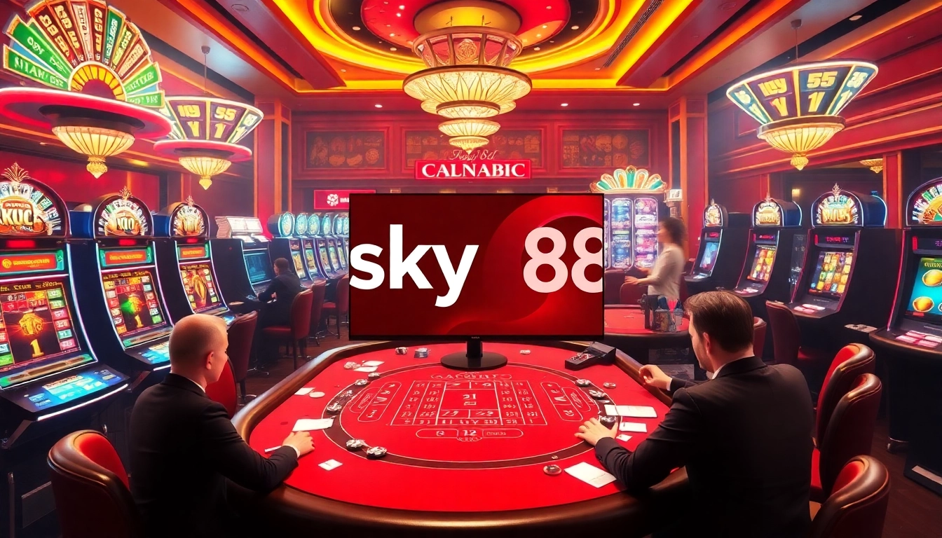 Experience the excitement of sky88 khuyến mãi with a vibrant online casino scene showcasing Baccarat and slot machines.