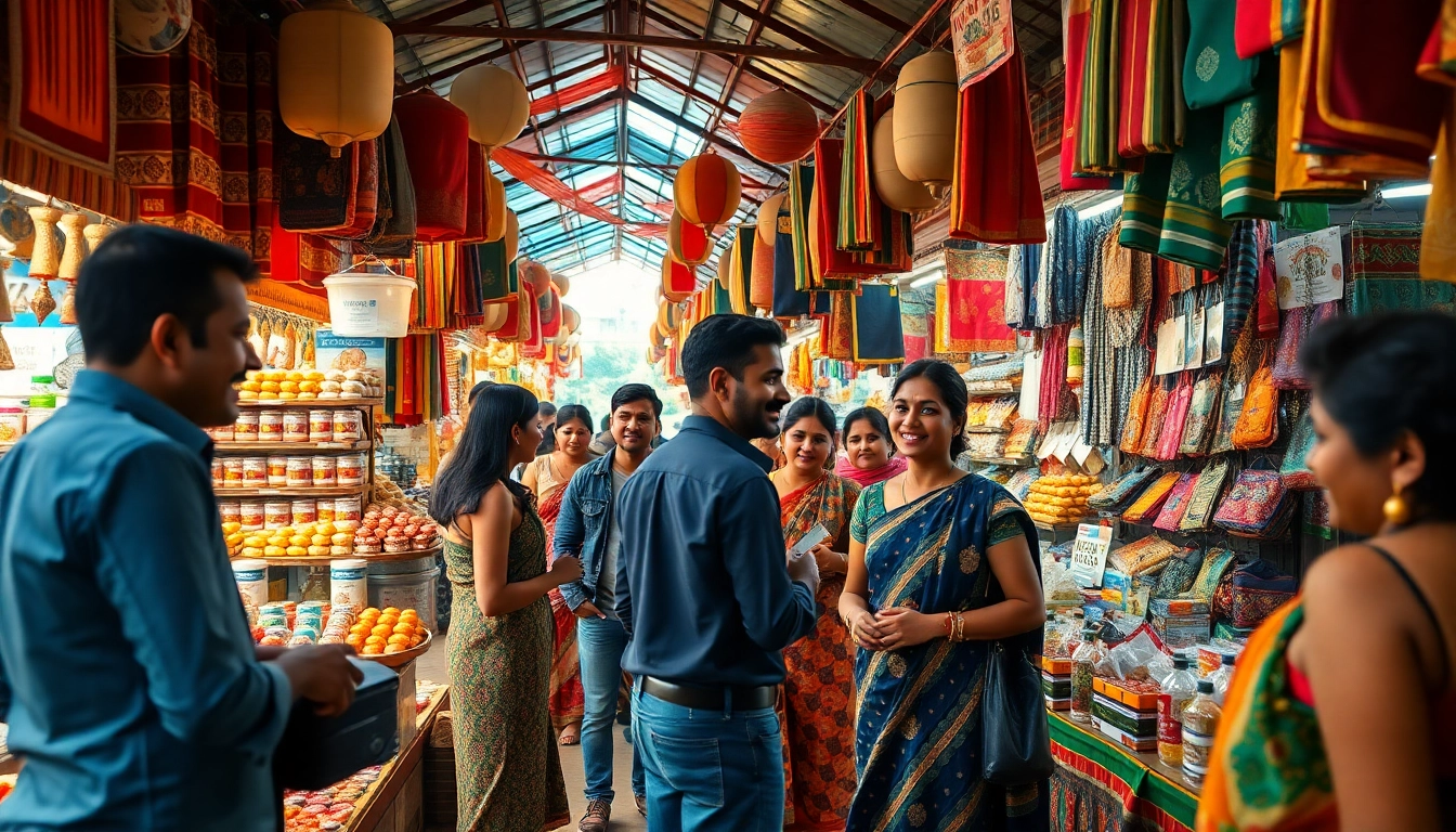 Vibrant scene depicting a Sri Lankan marketplace advertising Hela Add services and products, showcasing community interaction.
