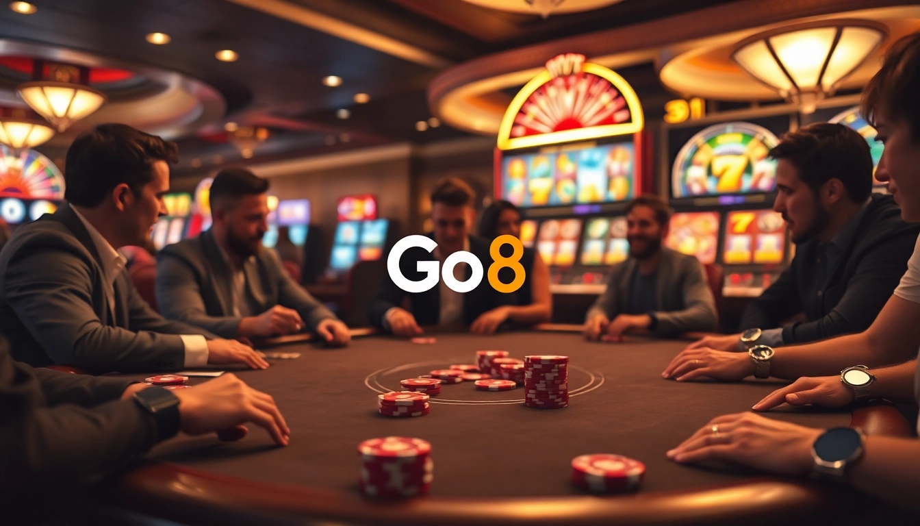 Experience excitement at Go8's casino tables with vibrant poker games and thrilling atmosphere.
