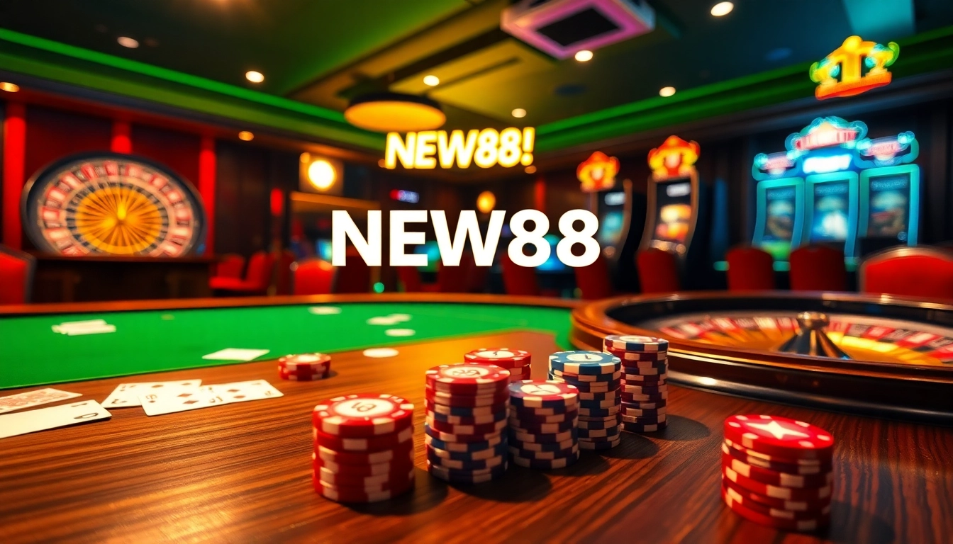 Experience the excitement of the NEW88 link with a vibrant casino scene featuring poker and slot machines.