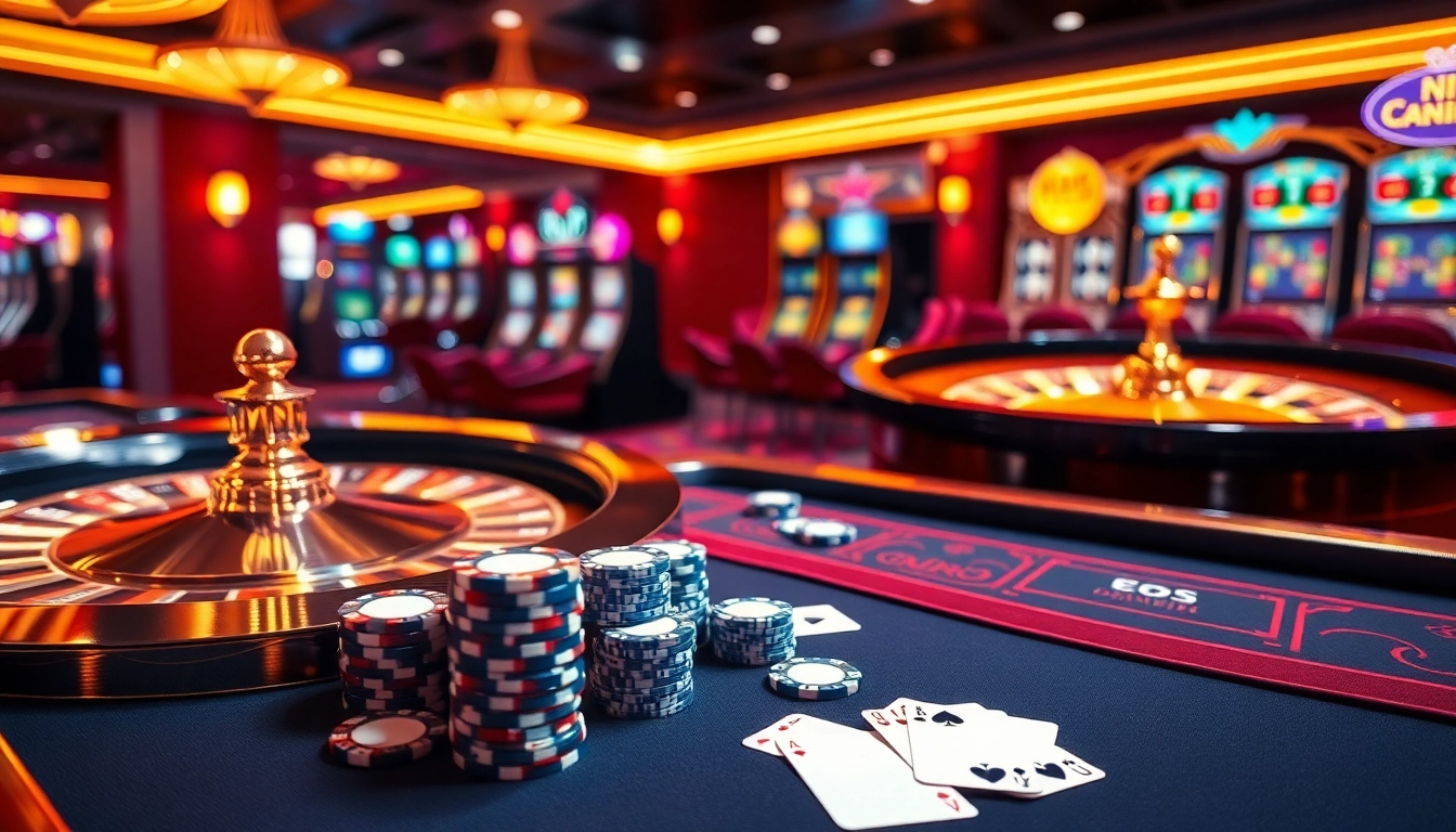 A spirited scene at kkwin.com featuring luxurious casino tables with vibrant poker chips and dazzling slot machines.