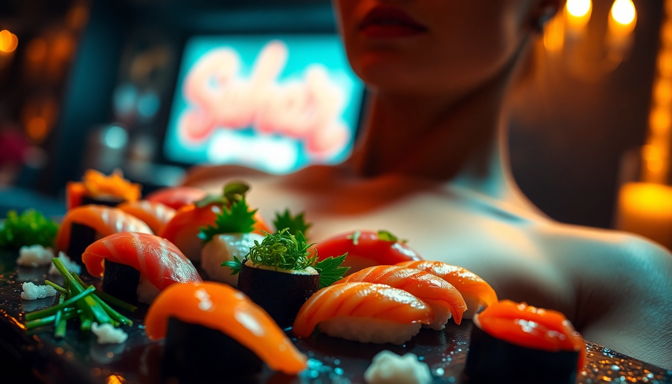 Body sushi arrangement on a model, showcasing an elegant sushi platter with vibrant colors and upscale ambiance.