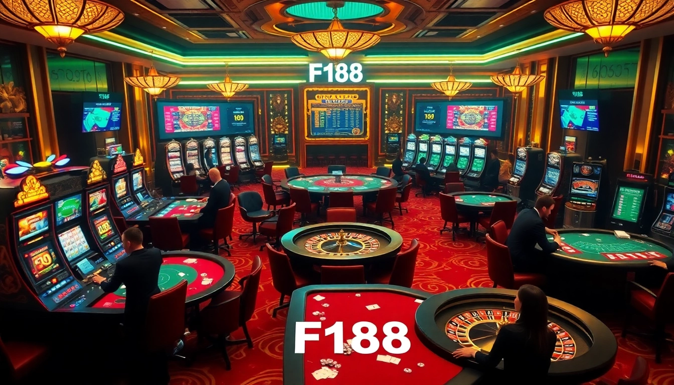 Players enjoying games at F168 casino, surrounded by vibrant slot machines and luxurious atmosphere.