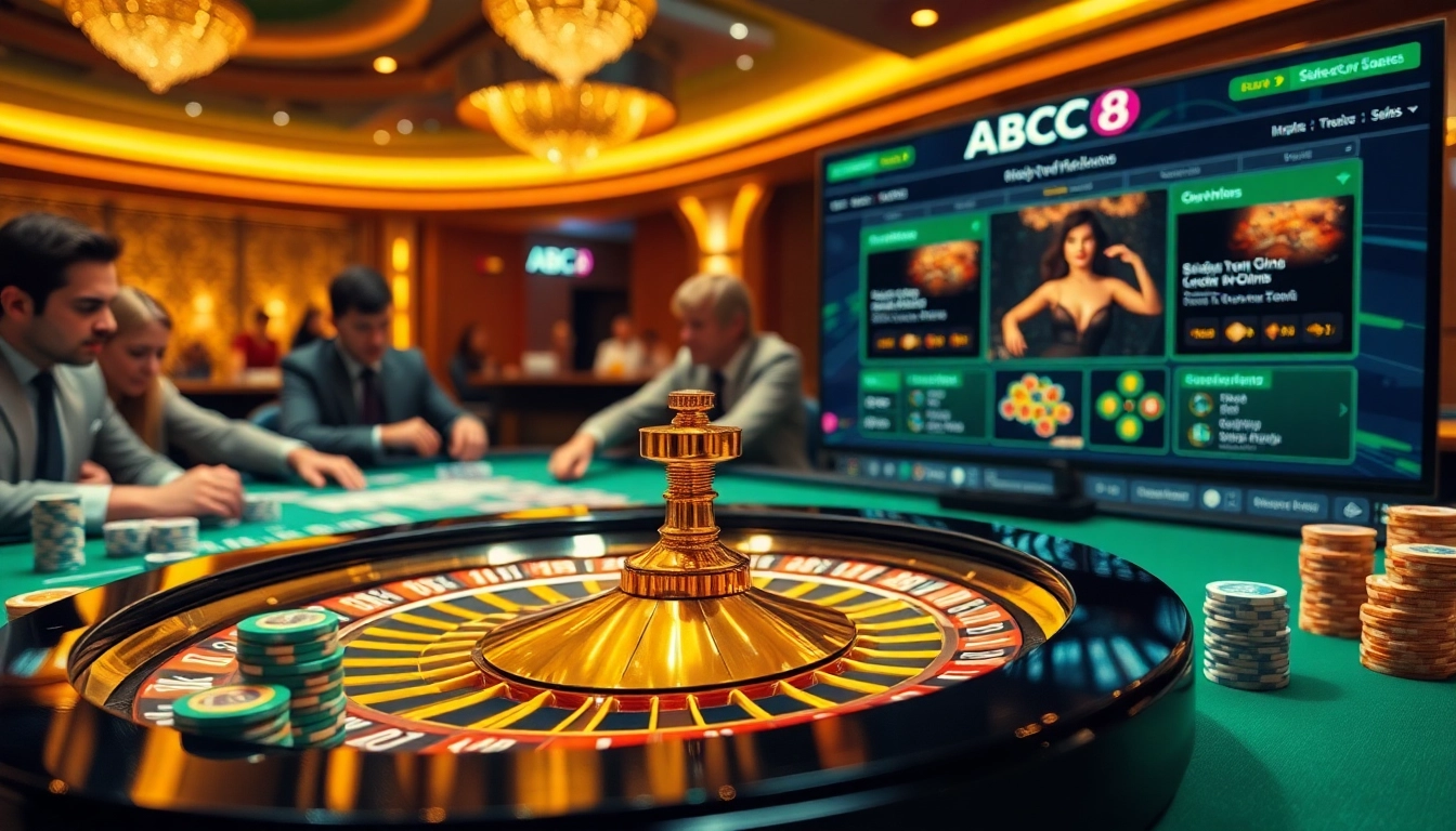 Play exciting games at ABC8's vibrant casino table featuring roulette and chips.