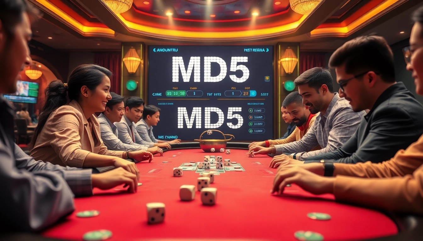 Tai xỉu md5 players excitedly placing bets at a luxurious casino table with vibrant lighting and dice.