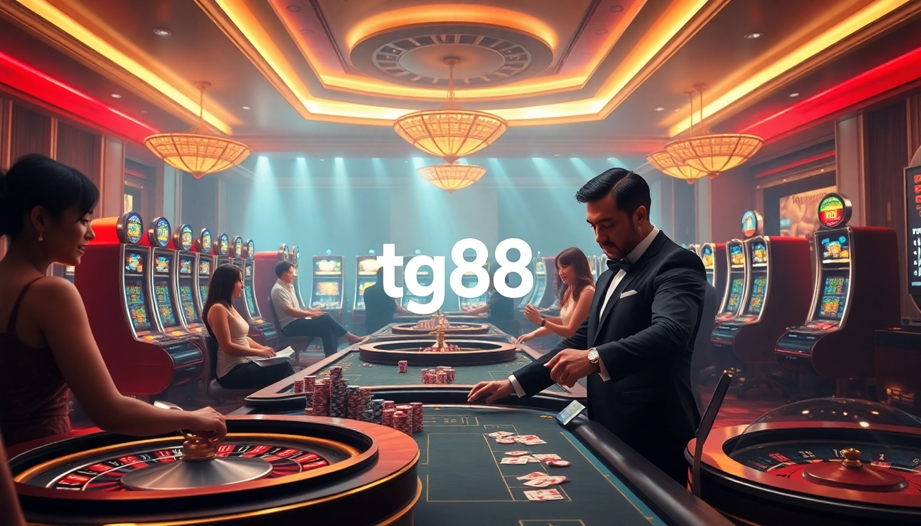 Engaged players betting at a luxury casino table featuring tg88 poker chips and slot machines.