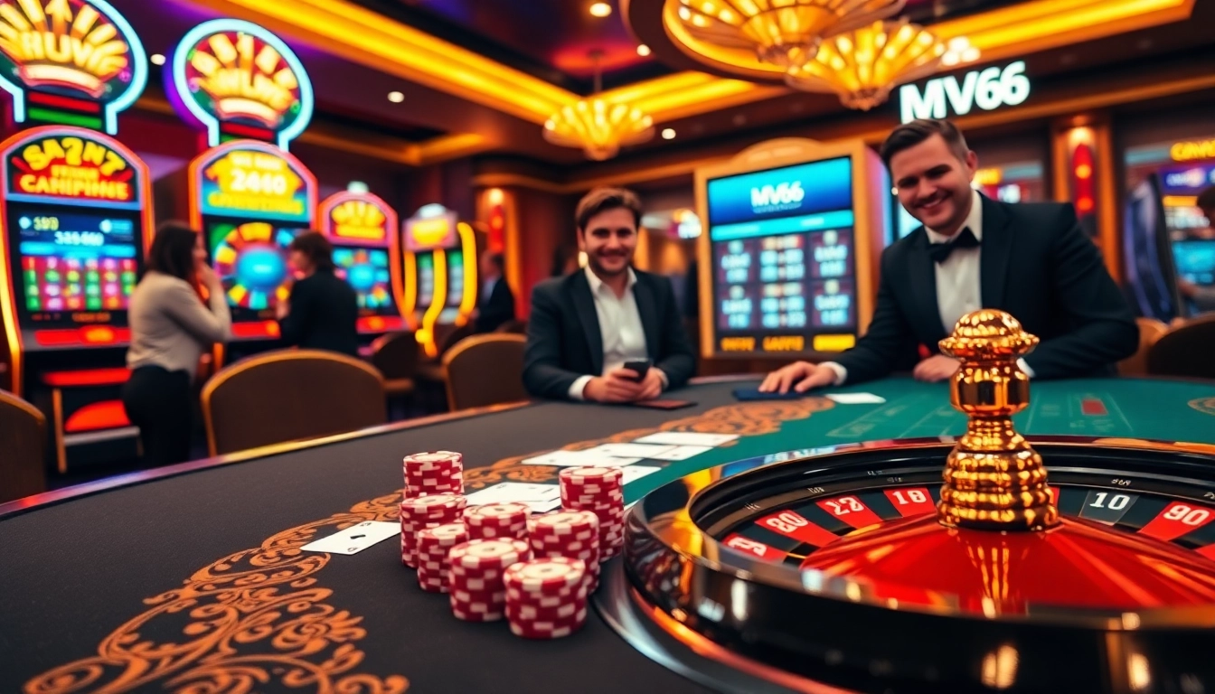 Engage in thrilling MV66 casino games with vibrant poker tables and dazzling slot machines.