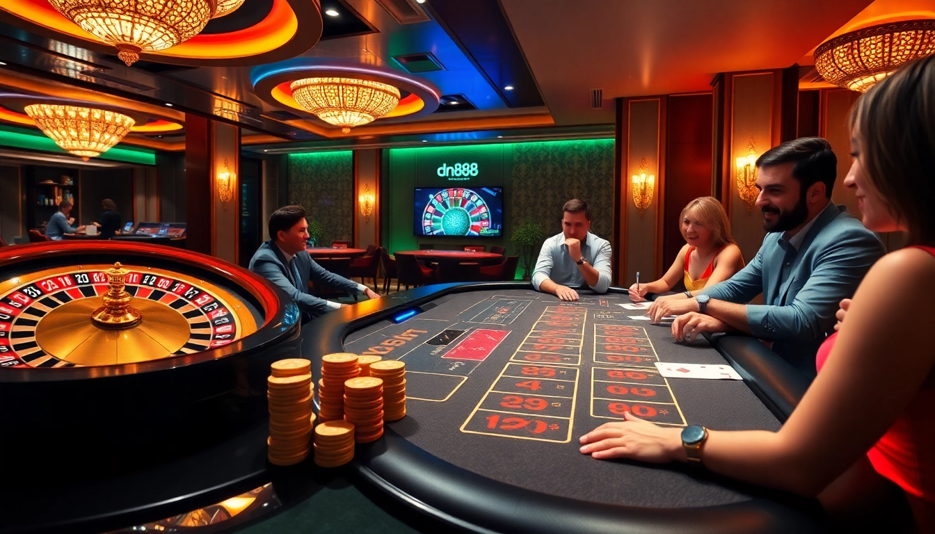 Experience high-stakes gaming at dn888 with vibrant roulette wheels and poker tables.
