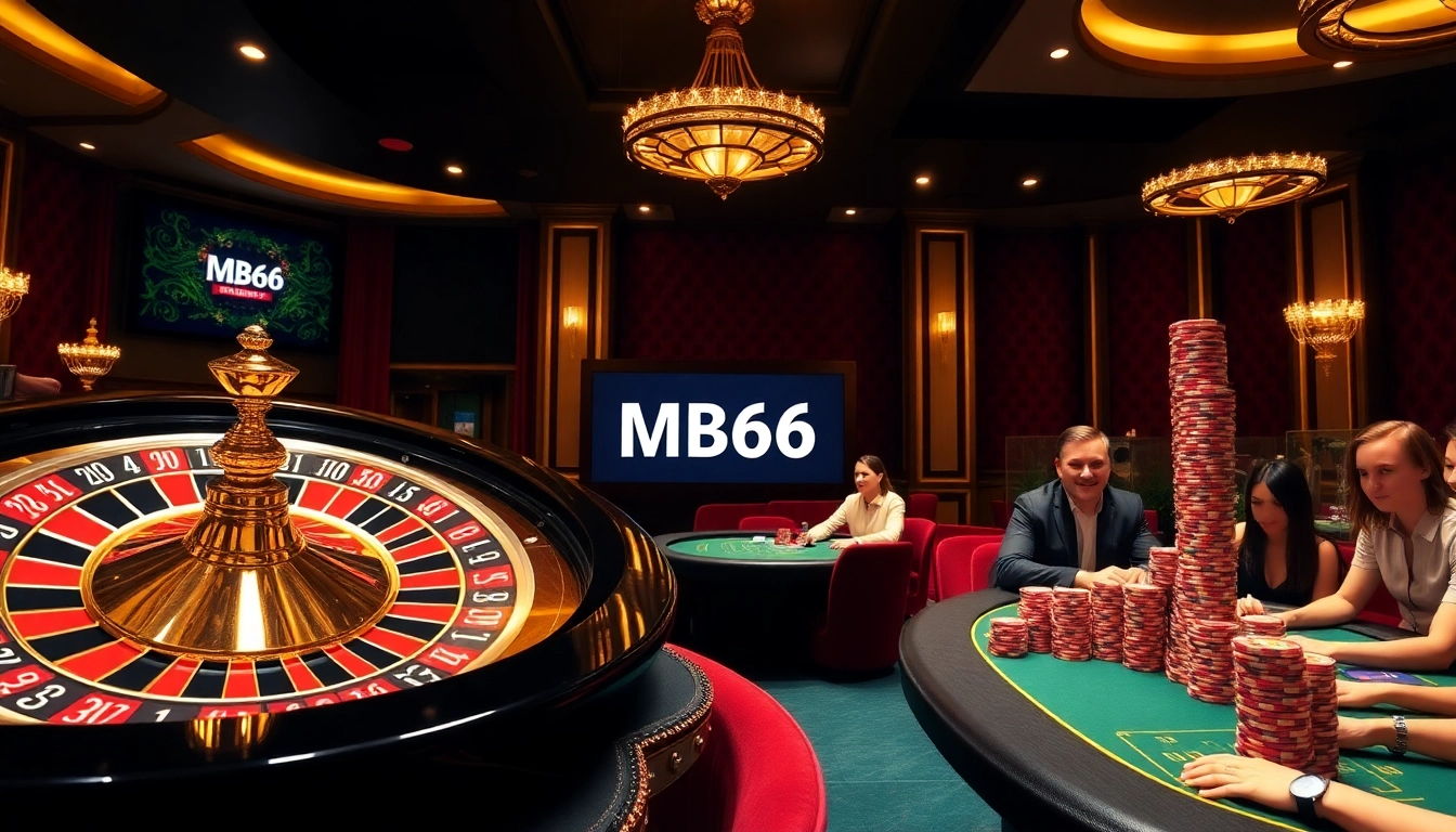 Experience thrilling gameplay at MB66 casino with exciting poker chips and a roulette wheel.